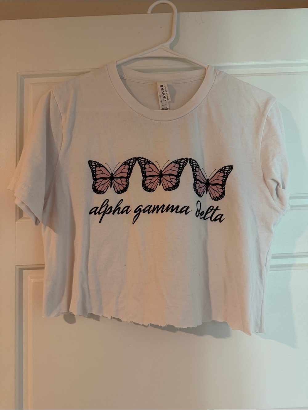Alpha Gamma Delta Cropped White Tee with Pink Butterfly Design